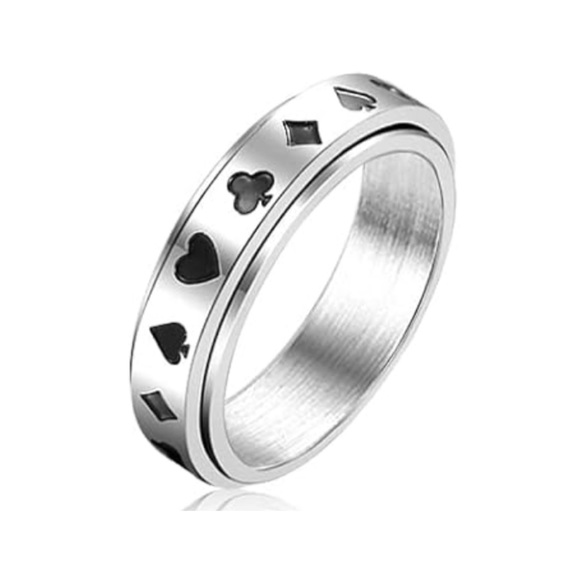 Silver Black Poker Anxiety Fidget Spinner Ring - Picture 4 of 5